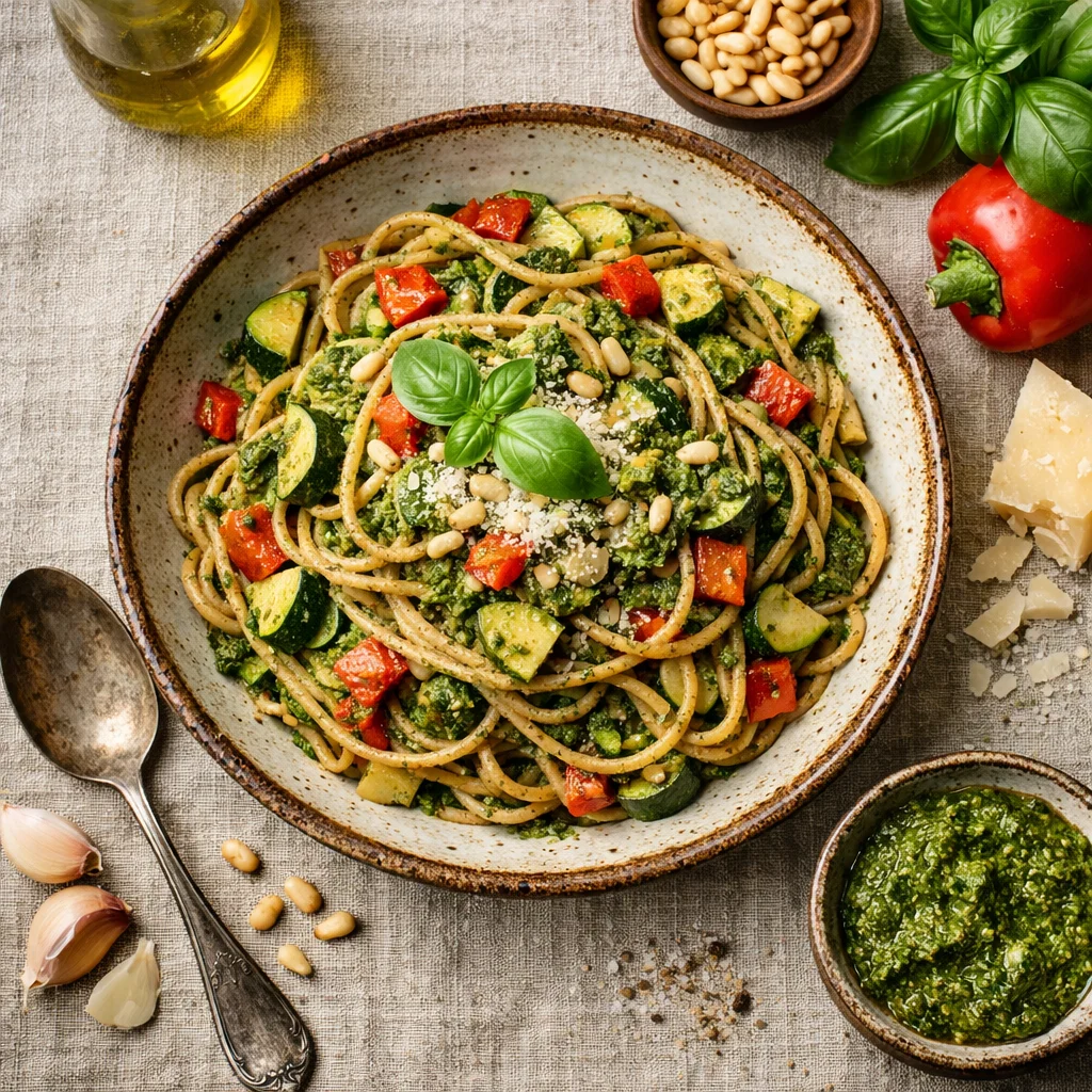Italiaanse Volkoren Spaghetti met Verse Groenten en Pesto