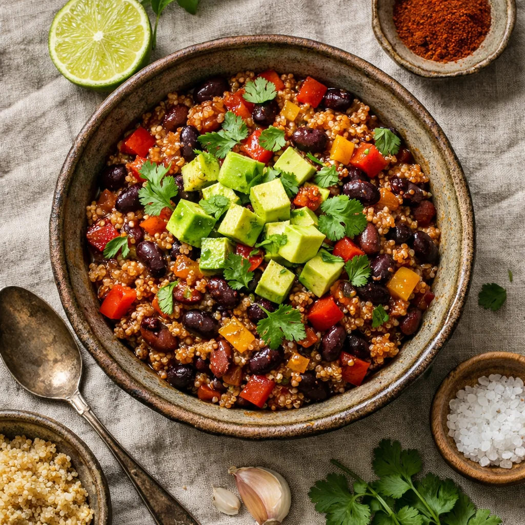 Veganistische Mexicaanse bonenschotel met quinoa