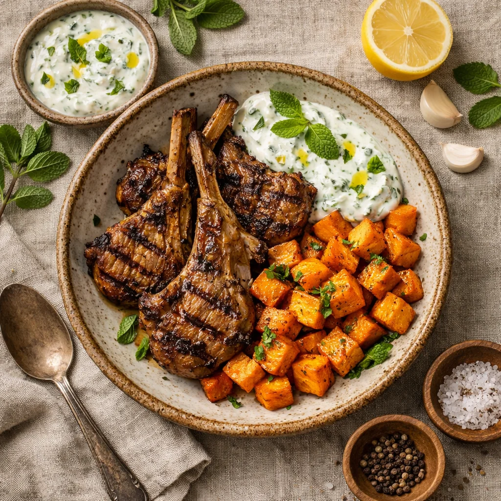 Chef's Special: Malse lamskoteletjes met geroosterde zoete aardappel en munt-yoghurtsaus