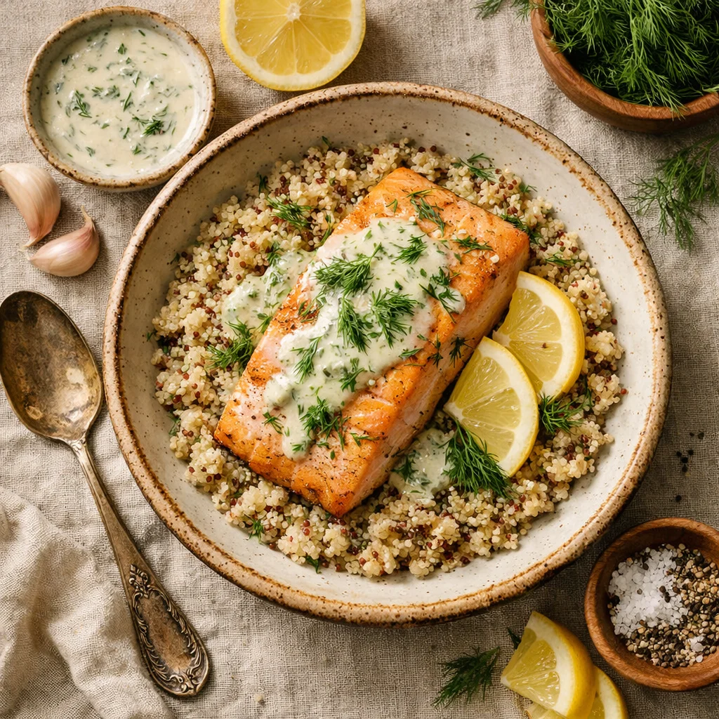 Verse Zalmfilet met Citroen-Dillesaus op een Bedje van Quinoa