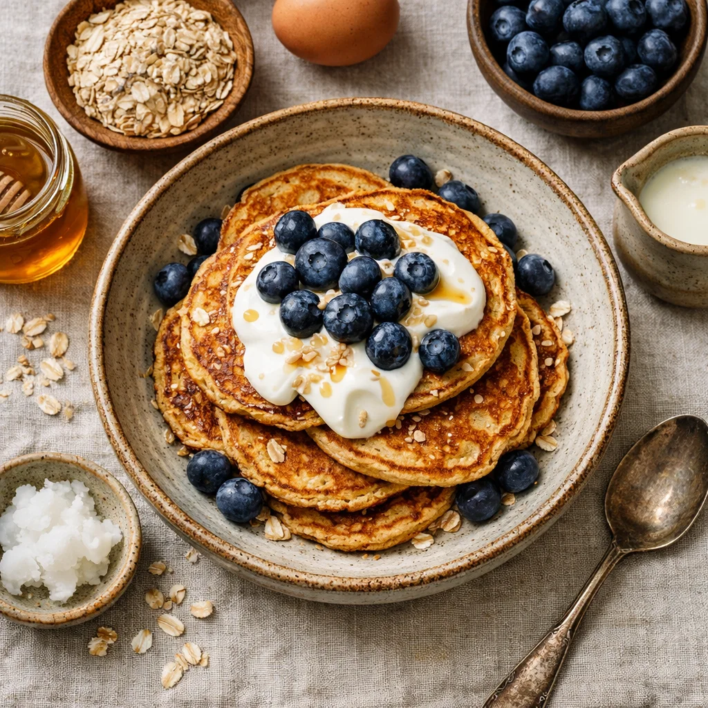 Gezonde Havermoutpannenkoeken met blauwe bessen en yoghurt