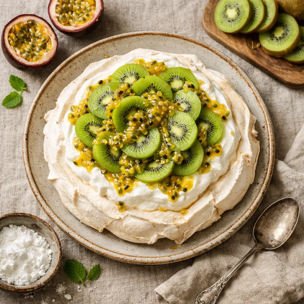 Luchtige Pavlova met Passievrucht en Kiwi