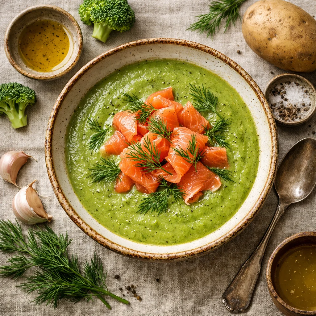 Brokkolisuppe mit Räucherlachs und Dill