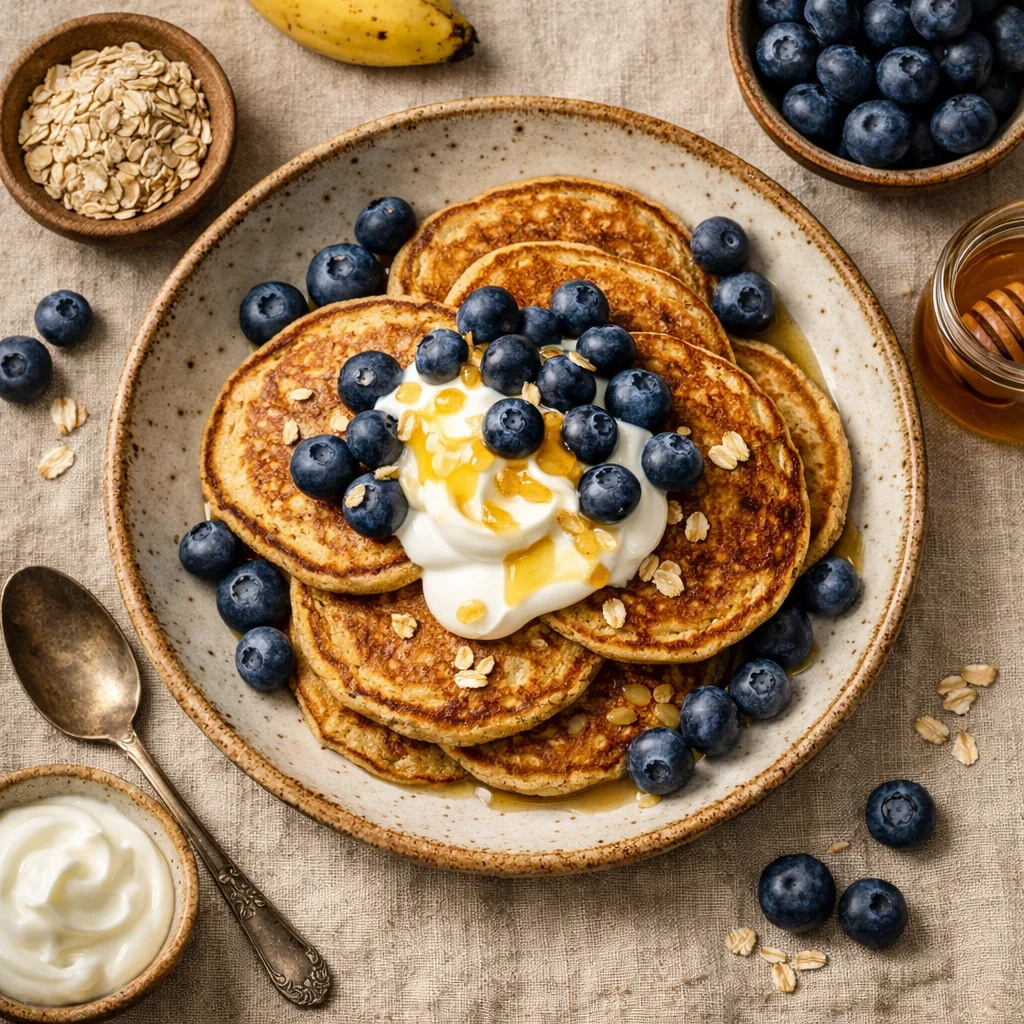 Panquecas de Aveia Saudáveis com Mirtilos e Iogurte Grego
