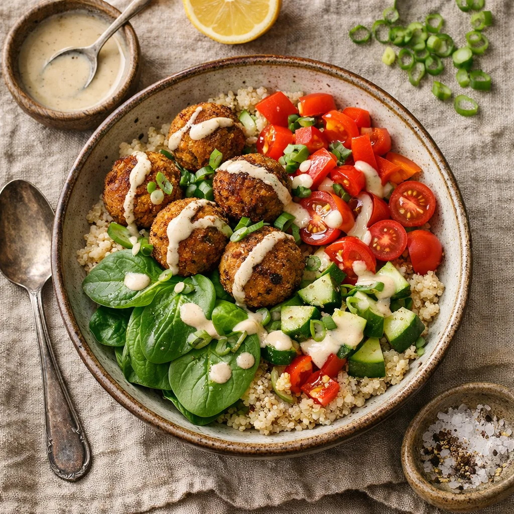 Krokante Falafel Bowl met Quinoa en Tahini Dressing