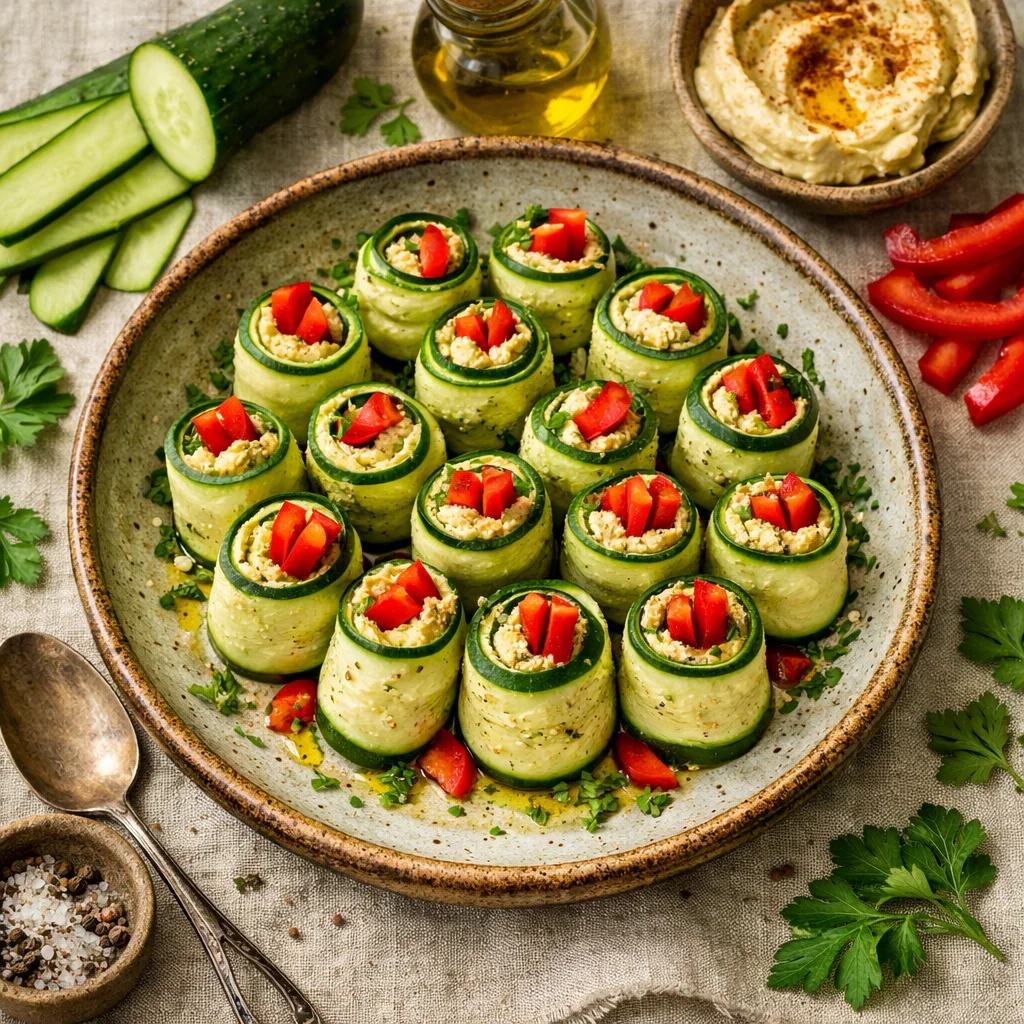 Frisse Komkommerrolletjes gevuld met Hummus en Rode Paprika