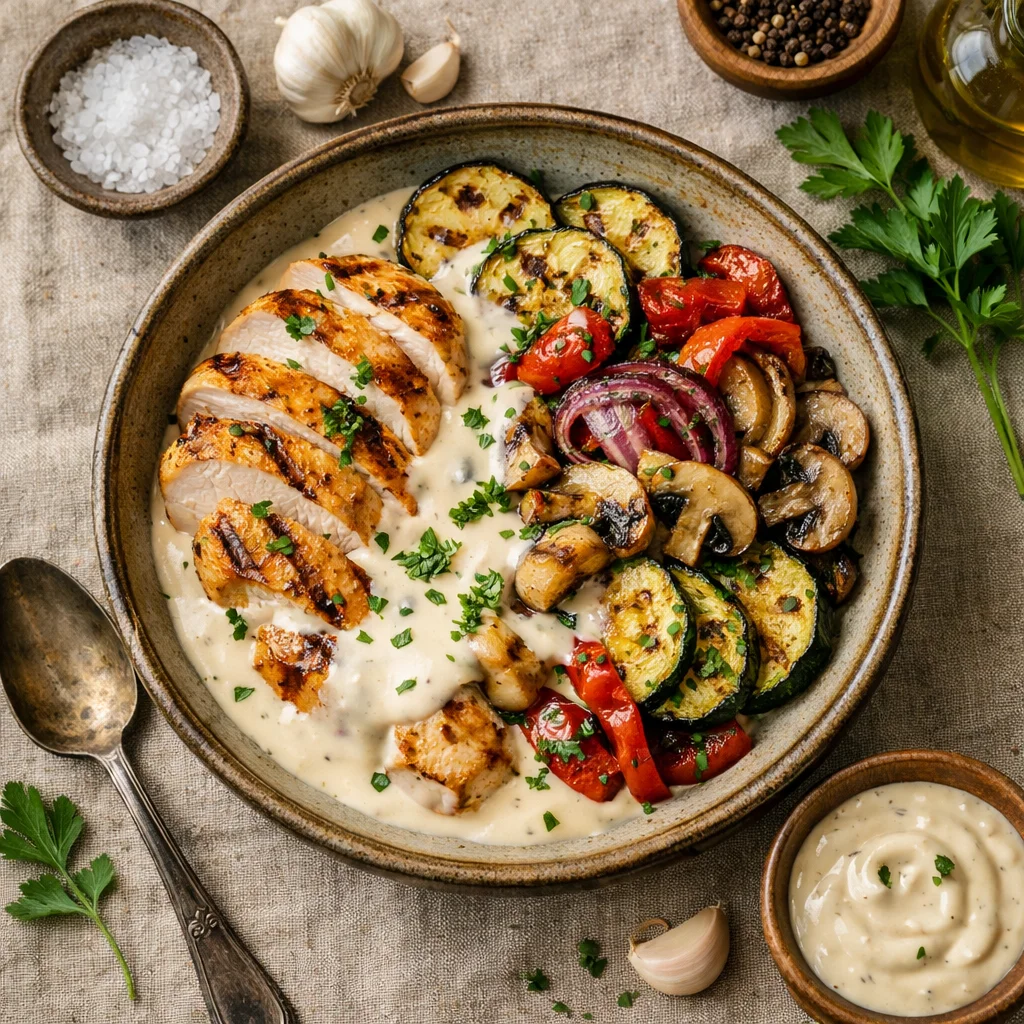 Romige Knoflooksaus met Gegrilde Kip en Groenten
