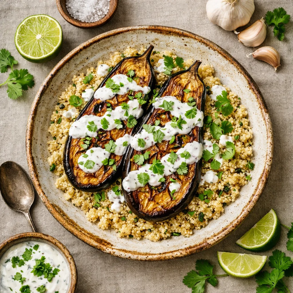 Geroosterde Aubergine met Quinoa en Yoghurtdressing