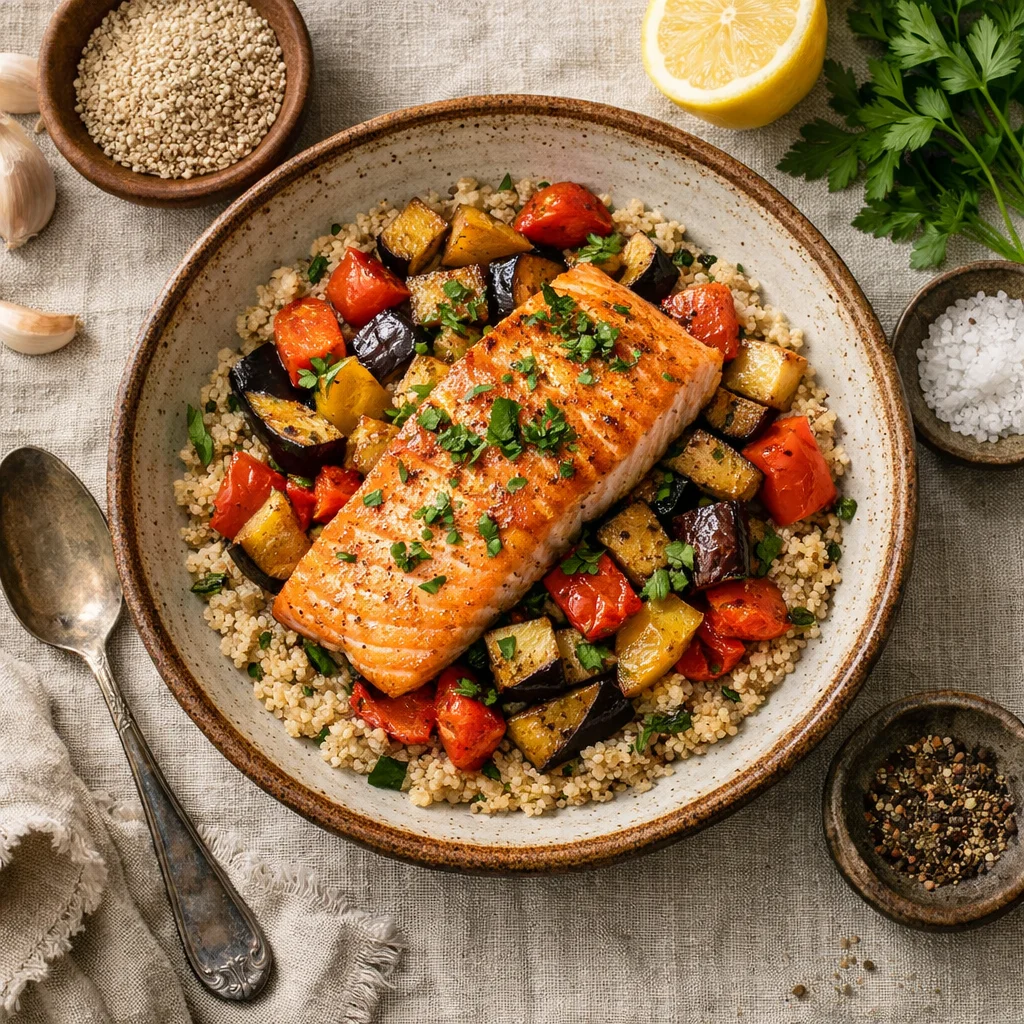 Geroosterde Zalm met Quinoa en Gegrilde Groenten
