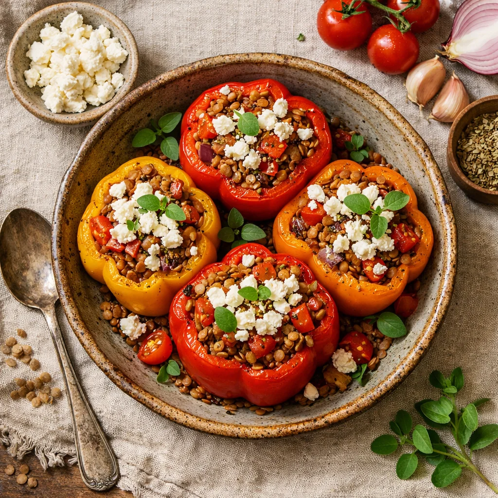 Vegetarische Gevulde Paprika's met Linzen en Feta