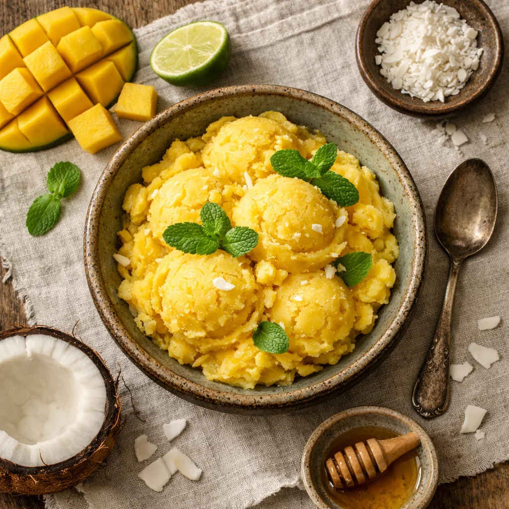 Fruitige Mango-Kokosnoot Sorbet