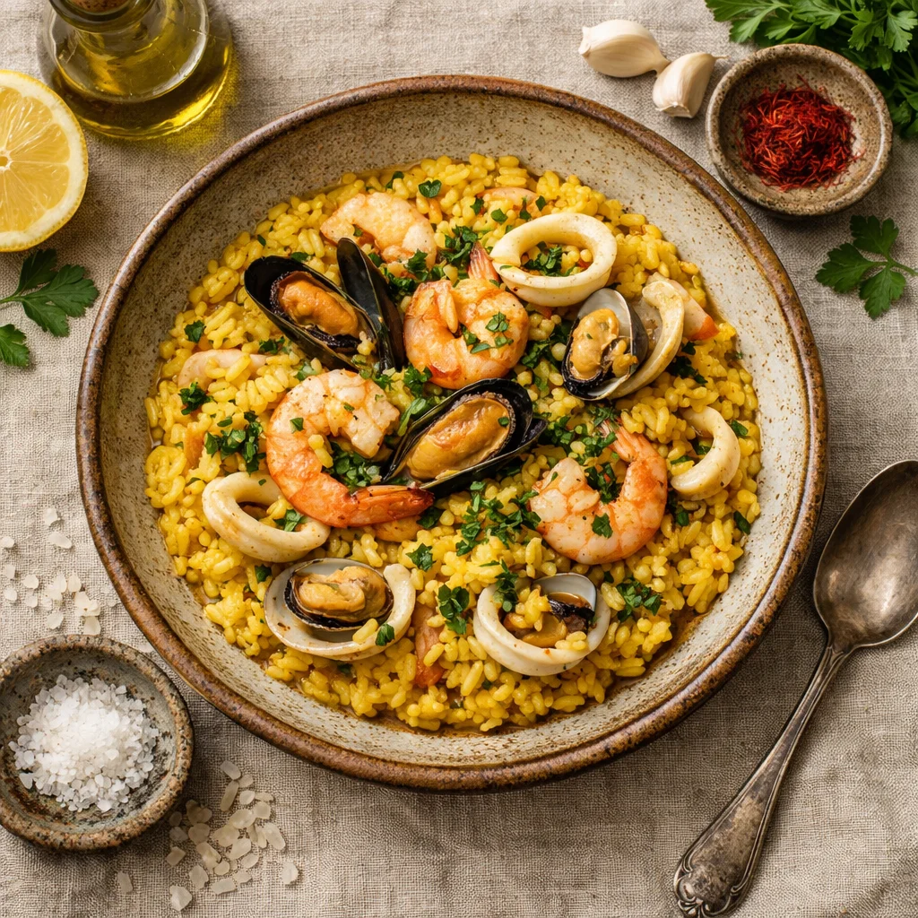 Gezonde Italiaanse risotto met zeevruchten en saffraan