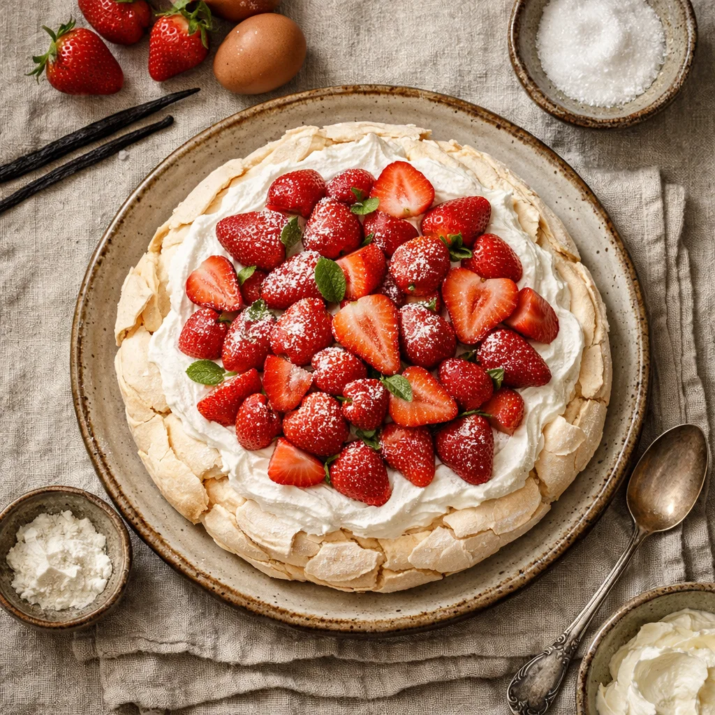 Luchtige Aardbeien Meringue Taart
