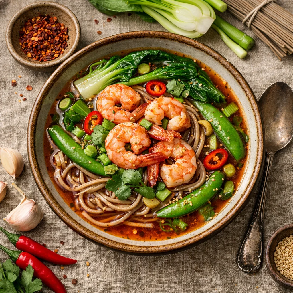 Chef's Special: Pittige Aziatische Garnalensoep met Groene Groenten en Noedels