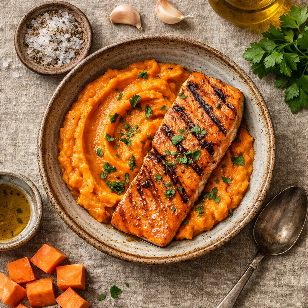 Voedzame Gegrilde Zalm met Zoete Aardappel Puree