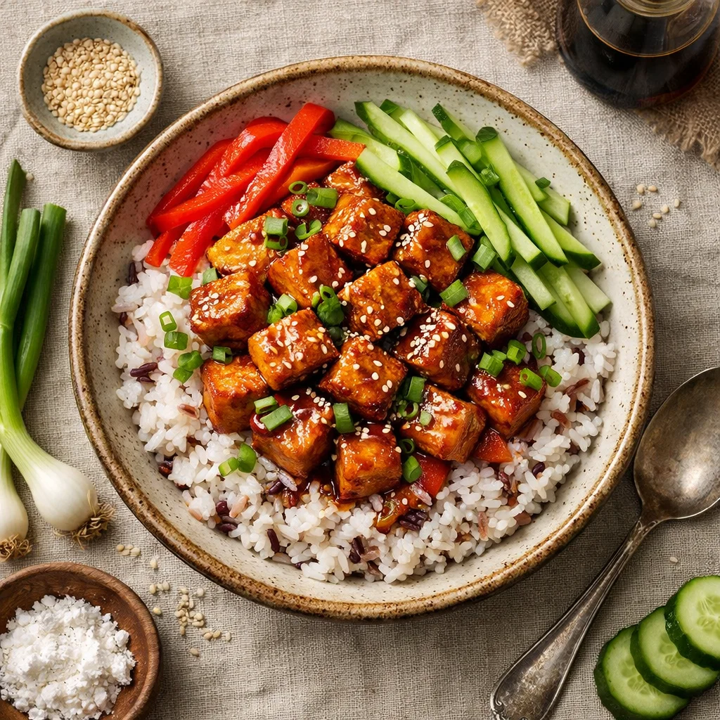 Knapperige Tofu Teriyaki met Bonte Jasmijnrijst