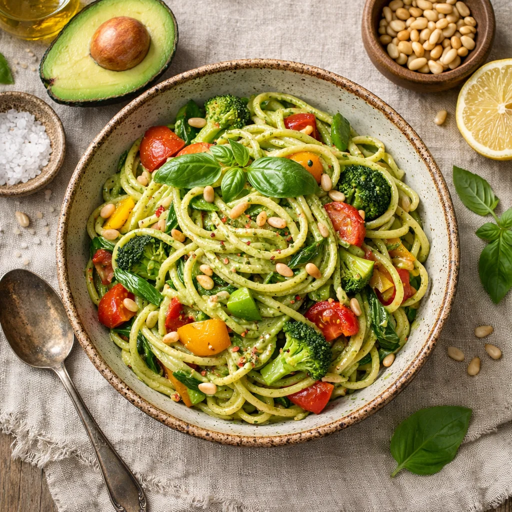 Kleurrijke Veggie Pasta met Avocado Pesto