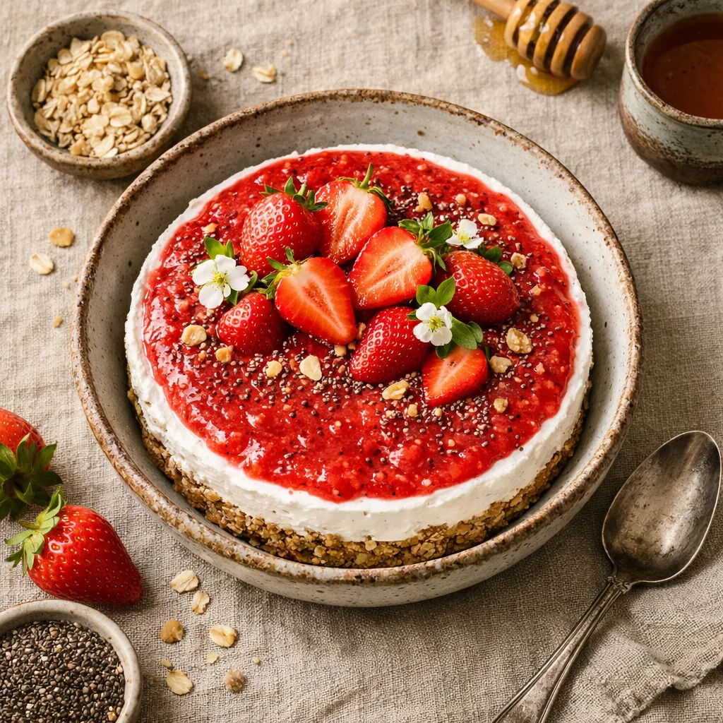 Frisse aardbeien-kwarktaart met havermoutbodem