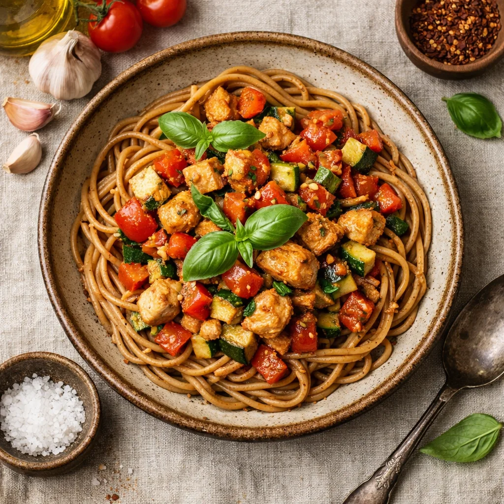 Italiaanse volkoren spaghetti met kip en groenten