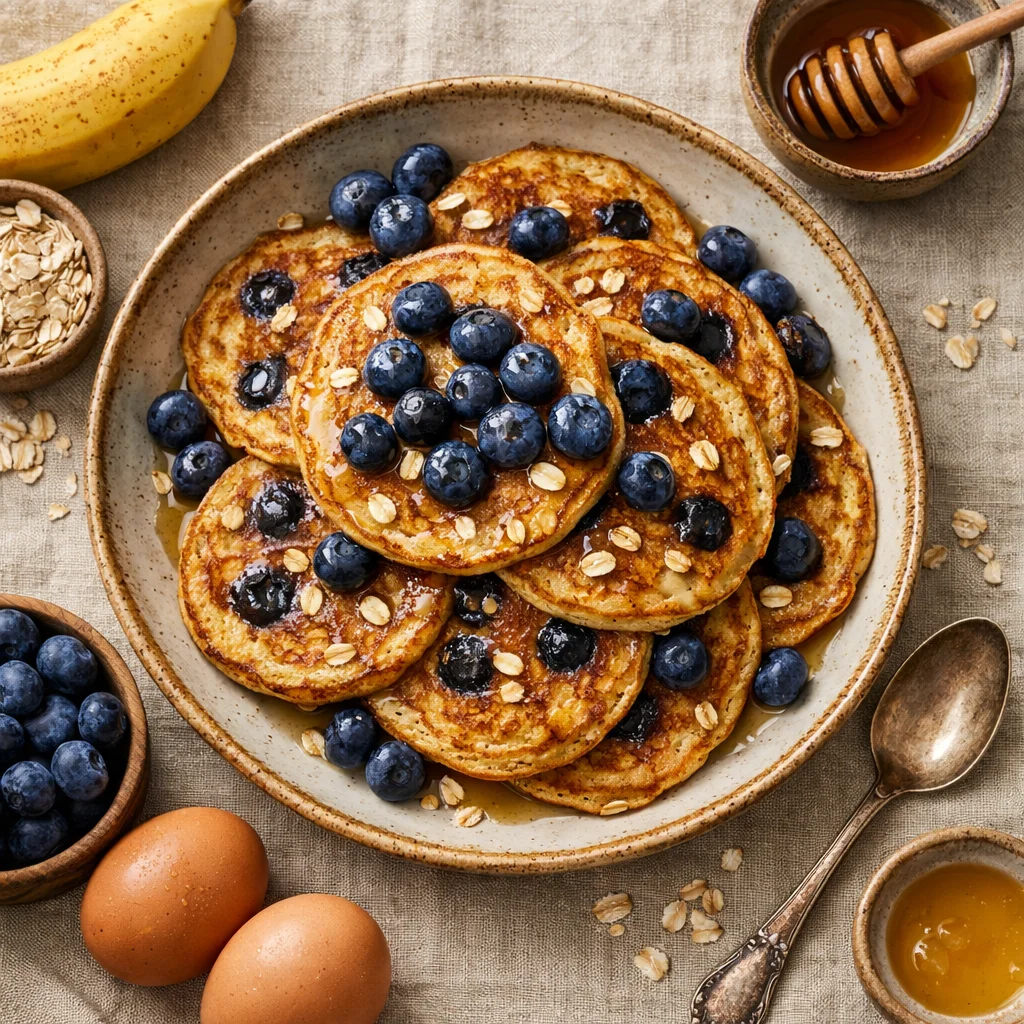 Gezonde havermoutpannenkoeken met blauwe bessen