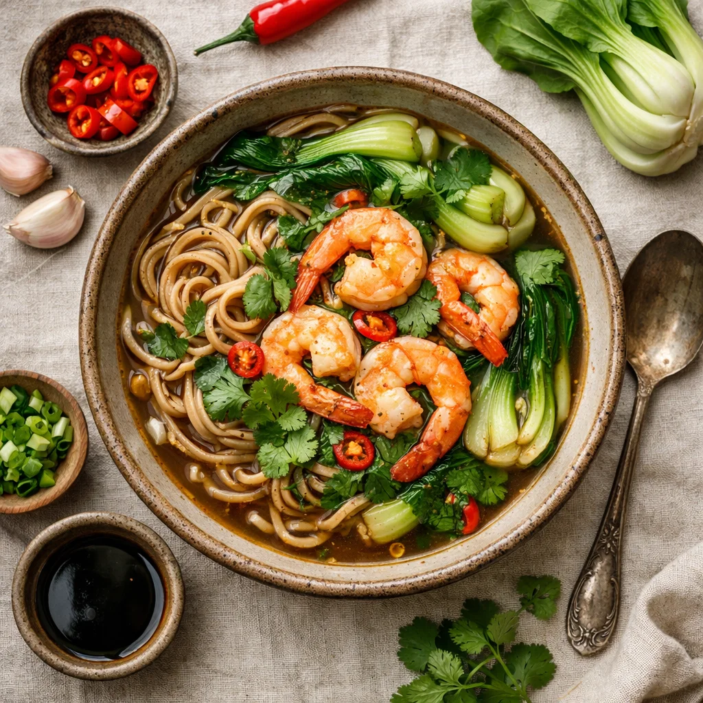 Aziatische Noedelsoep met Gamba's en Paksoi