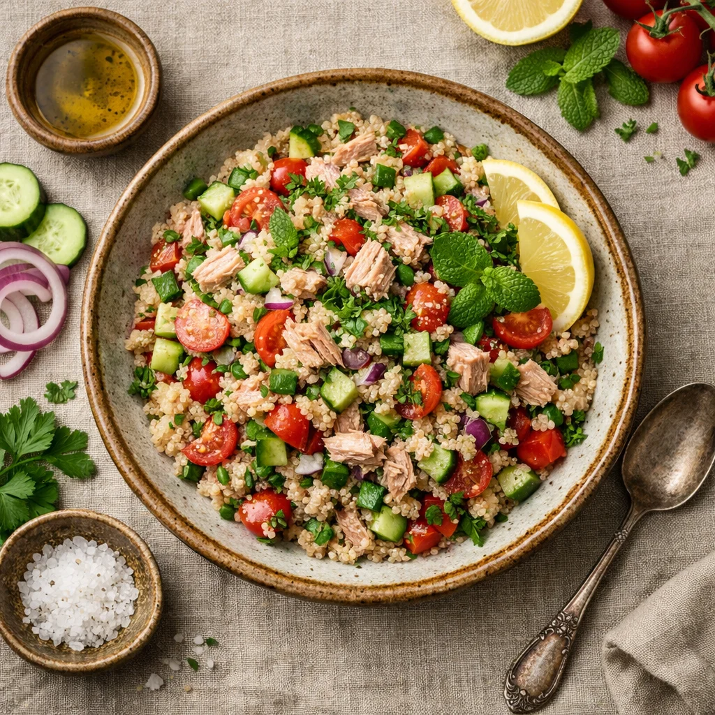 Healthy Tuna Salad with Quinoa and Freshly Cut Vegetables