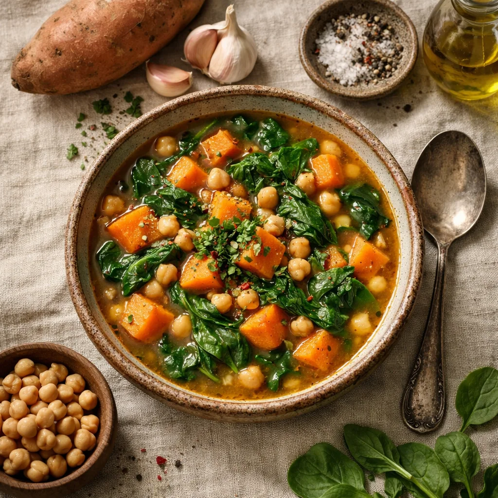 Verwarmende Zoete Aardappelsoep met Kikkererwten en Spinazie