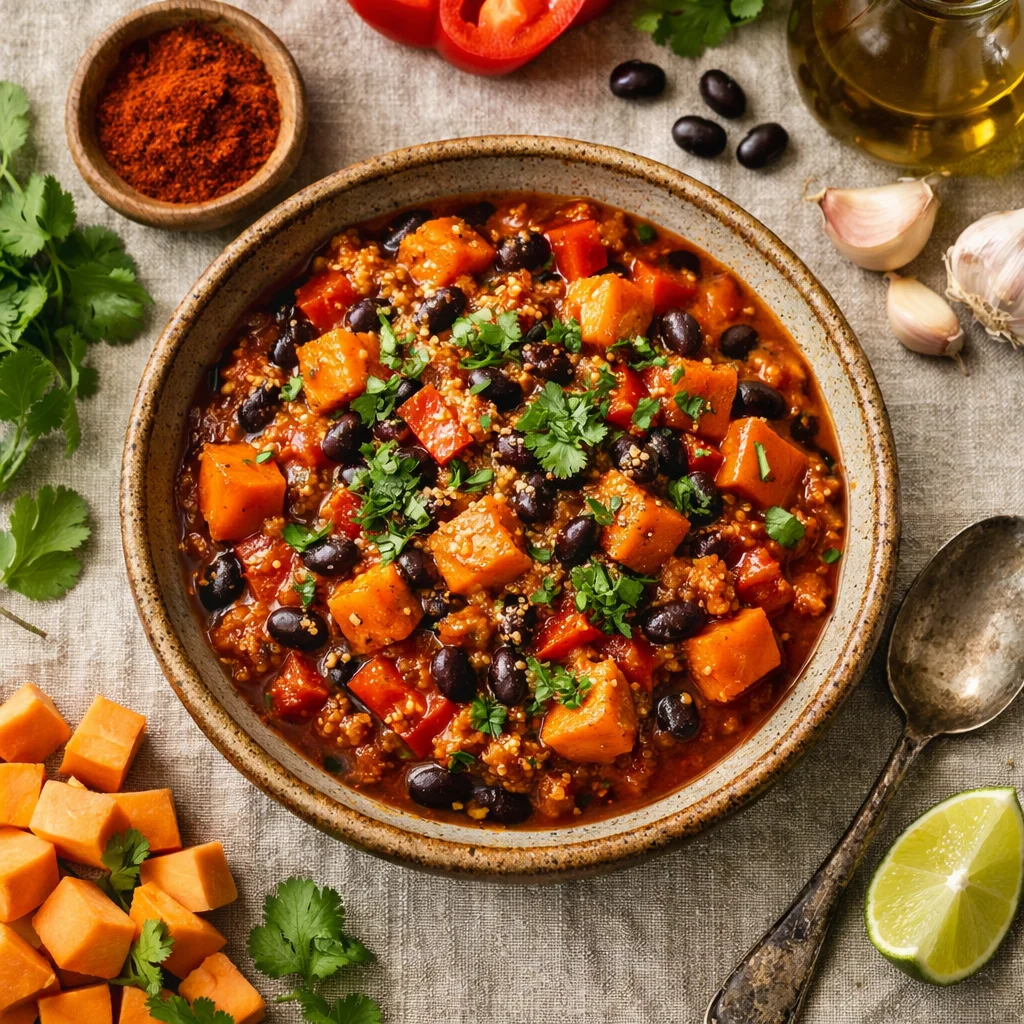 Kruidige Vega Chili met Zoete Aardappel en Quinoa