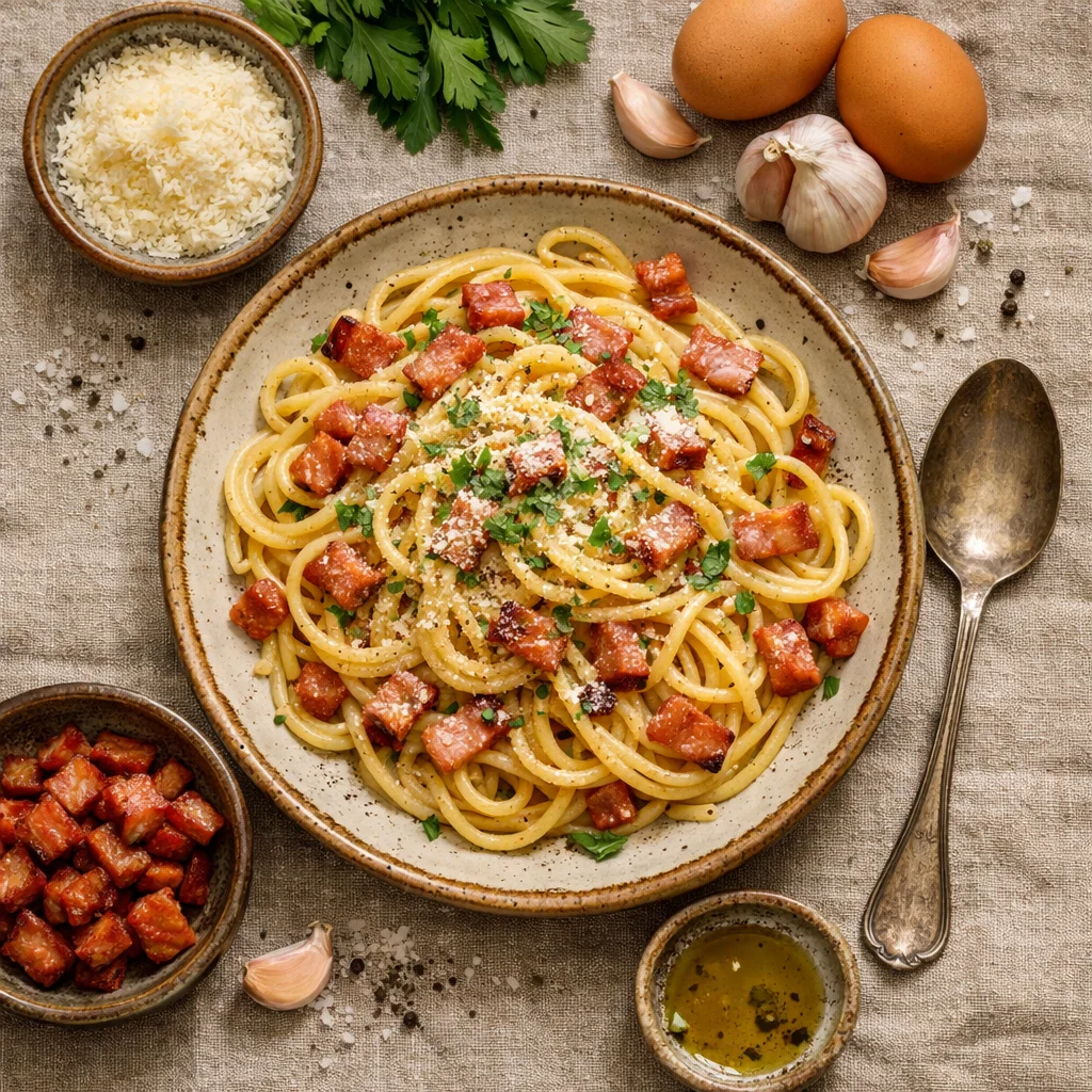Gezonde Italiaanse pasta carbonara met spek