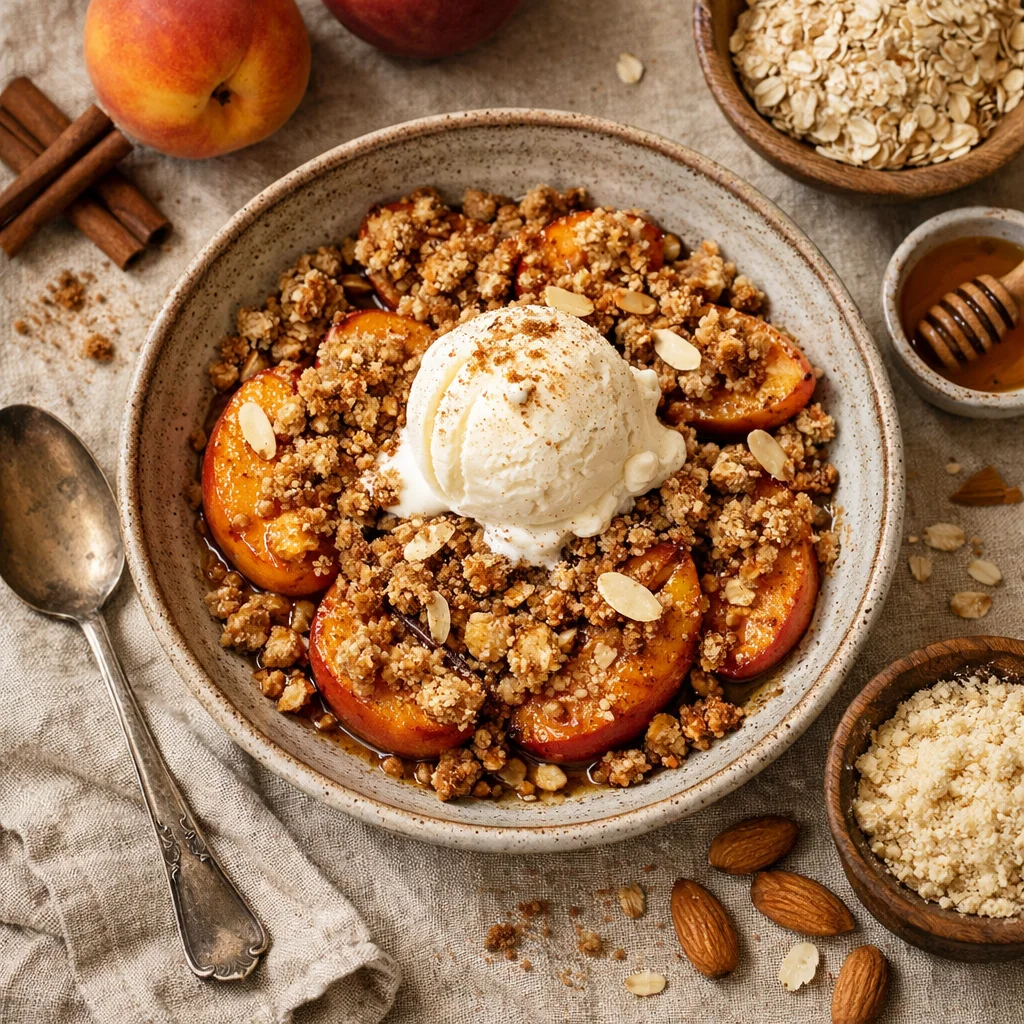 Hartverwarmende Perzik Crumble met Vanille IJs