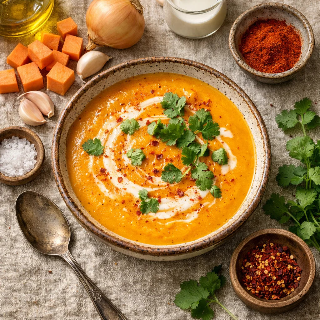 Romige Veganistische Zoete Aardappelsoep voor het Diner