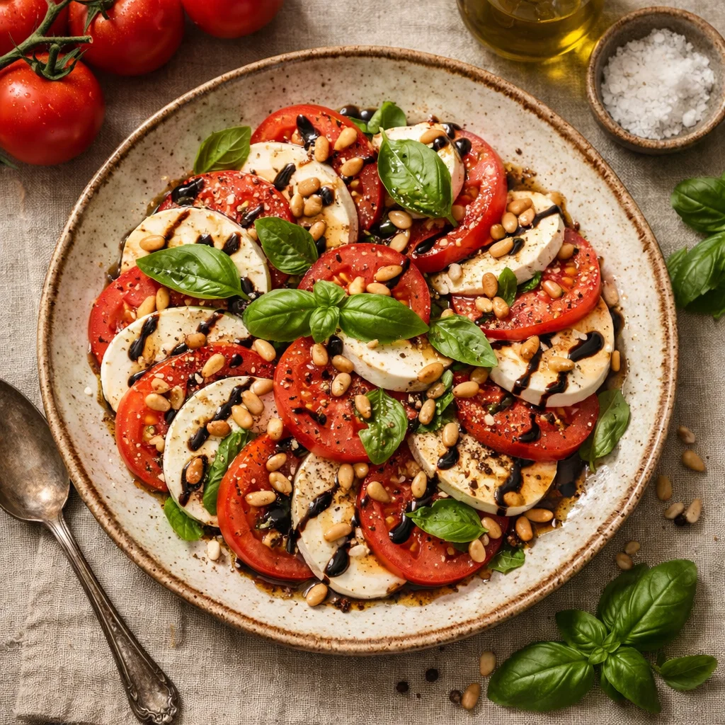 Italienischer Caprese-Salat mit gerösteten Pinienkernen