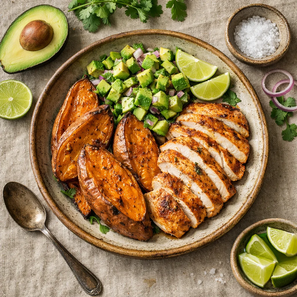 Geroosterde Zoete Aardappels met Kip en Avocado Salsa