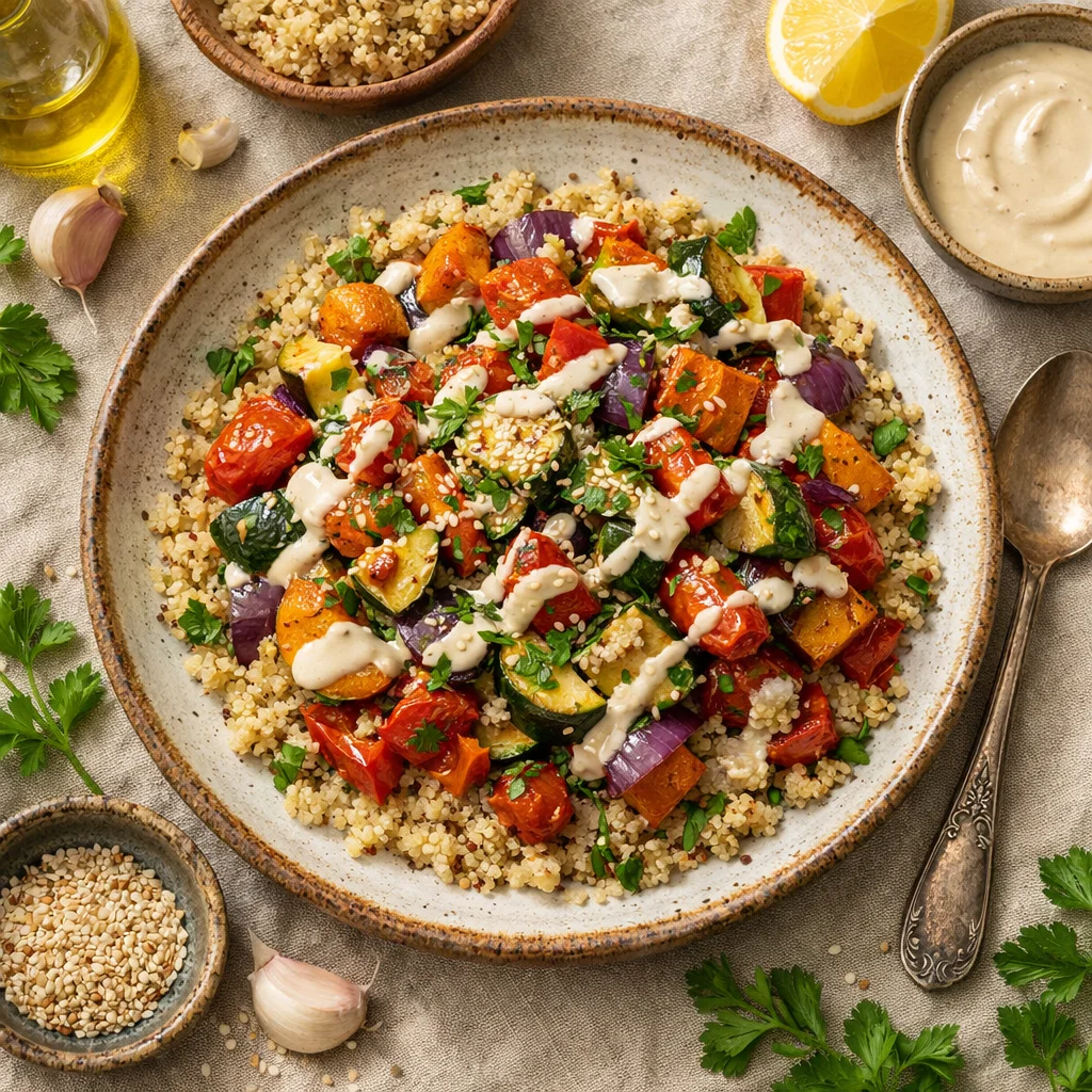 Knapperige Quinoasalade met Geroosterde Groenten en Tahinidressing
