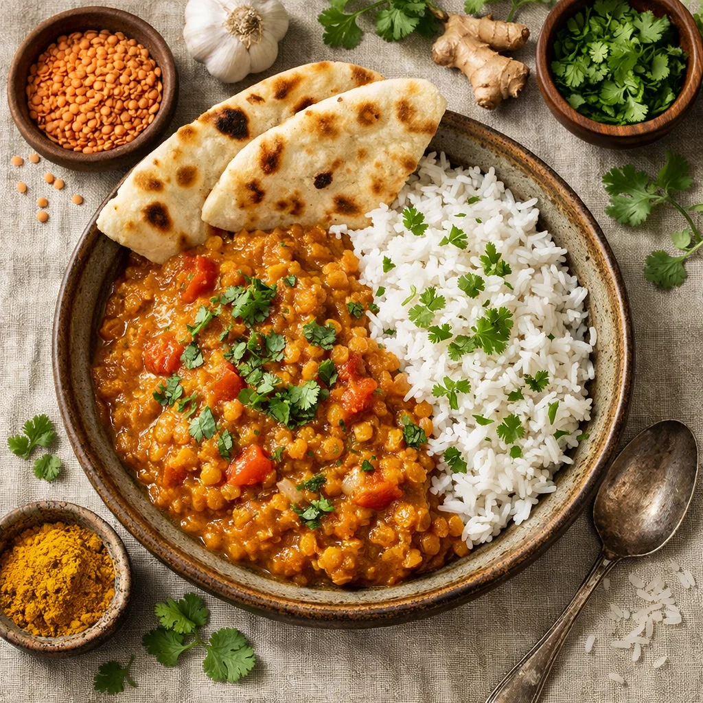 Indiase Dahl met Basmatirijst en Naanbrood