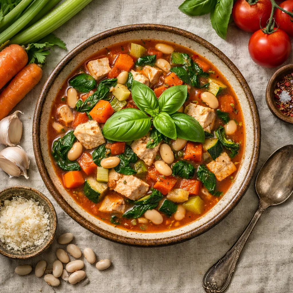 Italiaanse Minestrone Soep met Verse Groenten en Kip