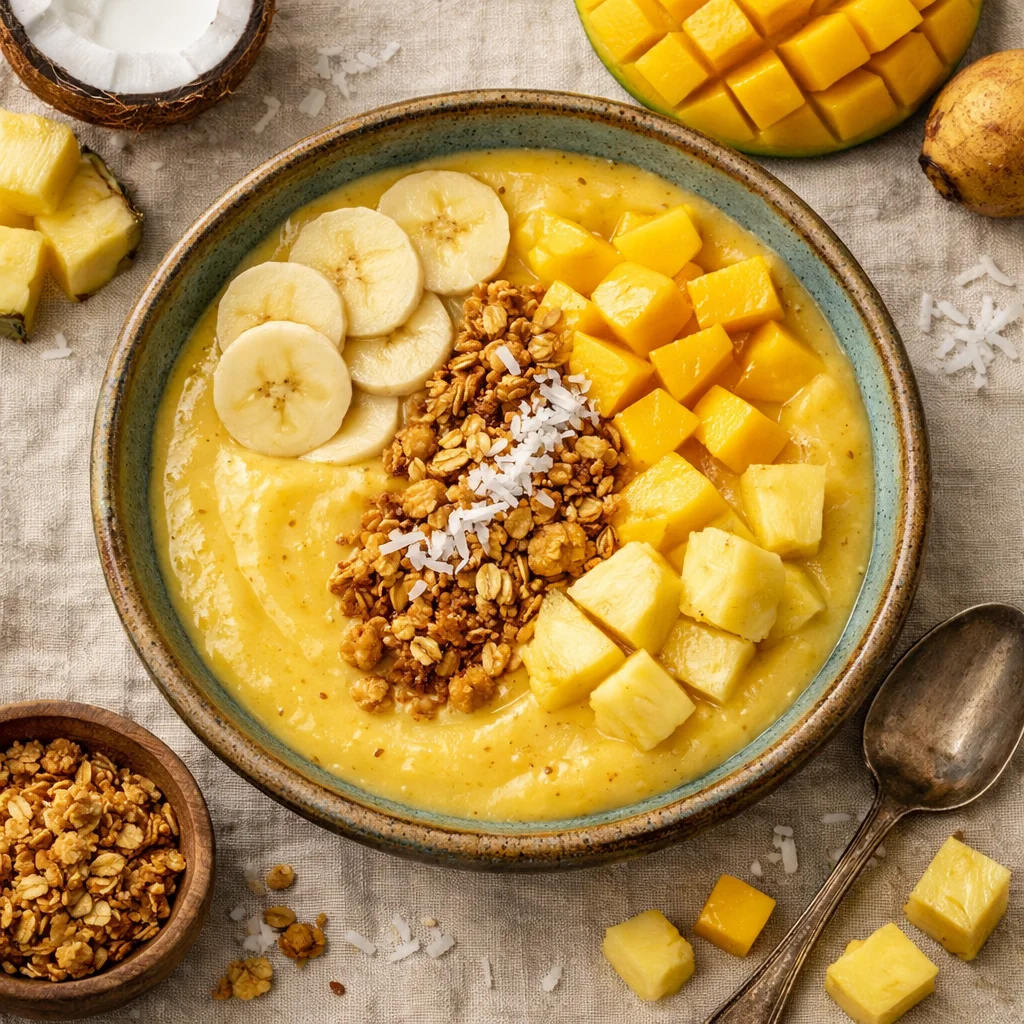 Gezonde smoothiebowl met tropisch fruit en granola