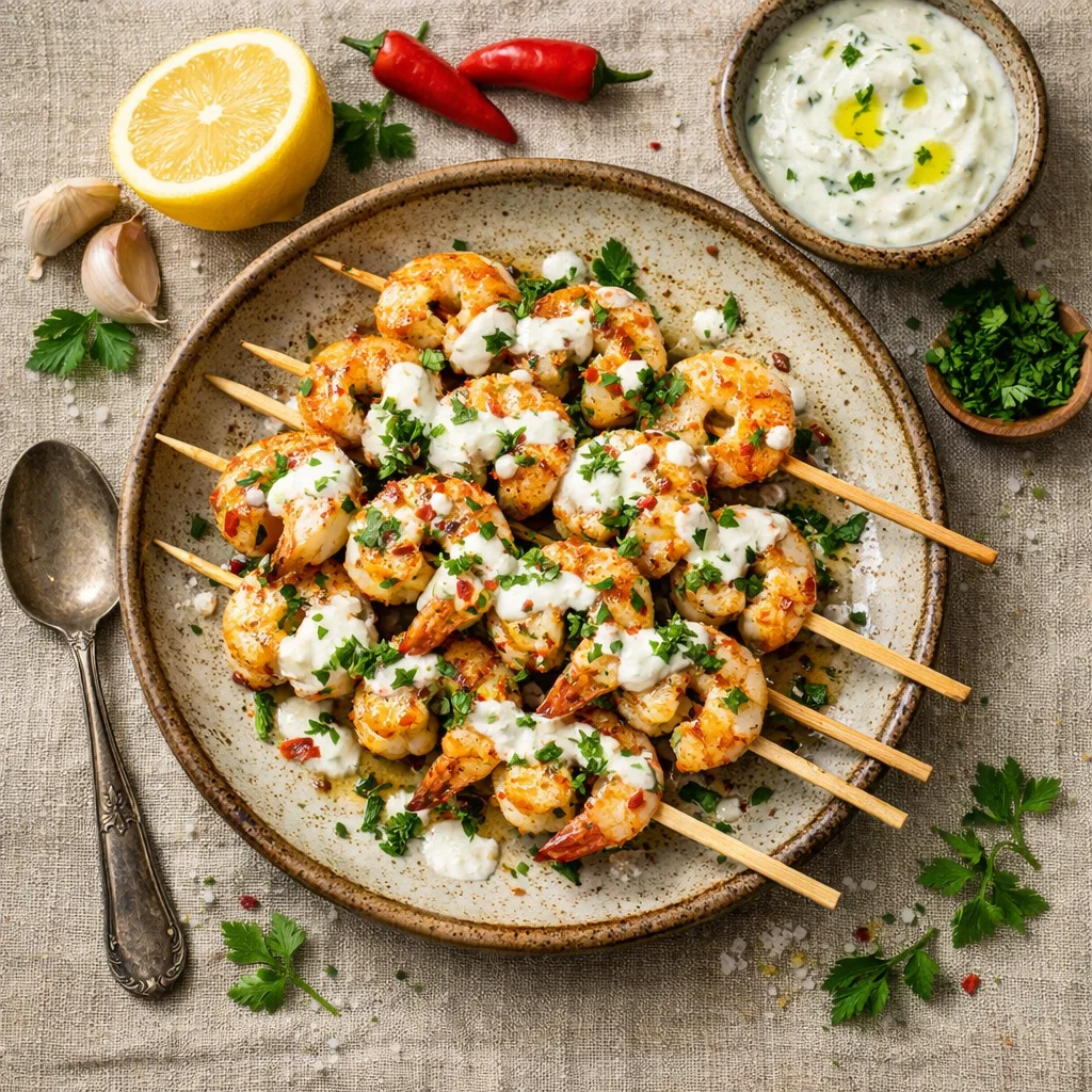 Pittige Garnalenspiesjes met Citroen-Knoflooksaus