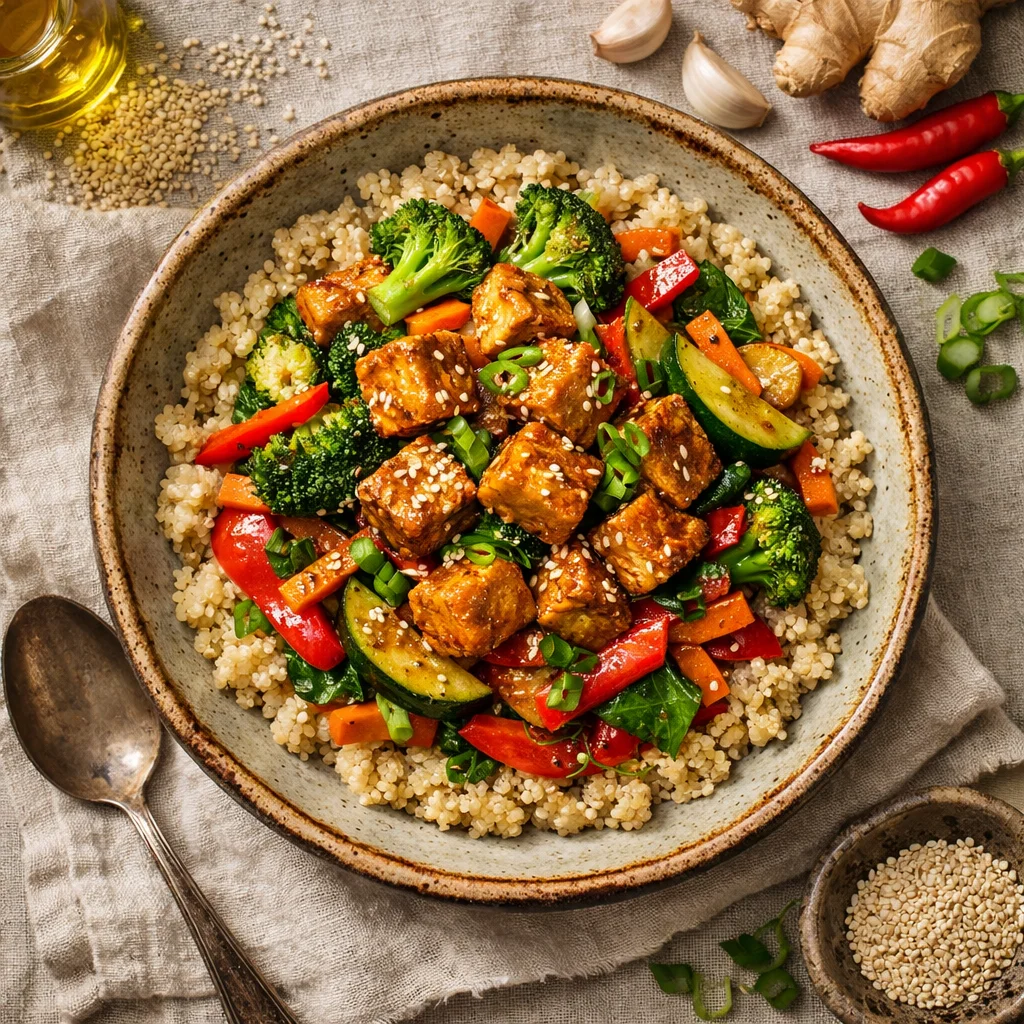 Tofu marinado com legumes salteados e quinoa