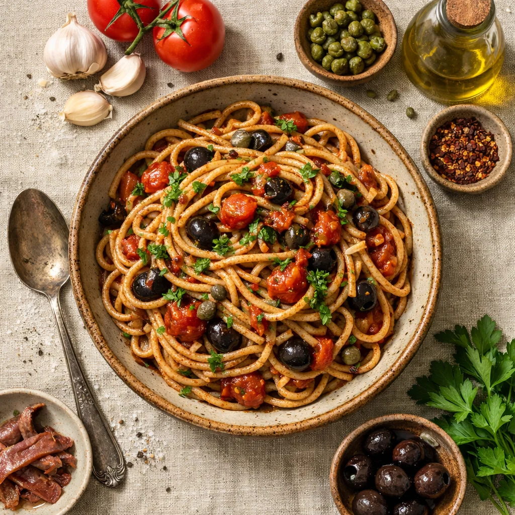 Italiaanse volkoren spaghetti alla puttanesca