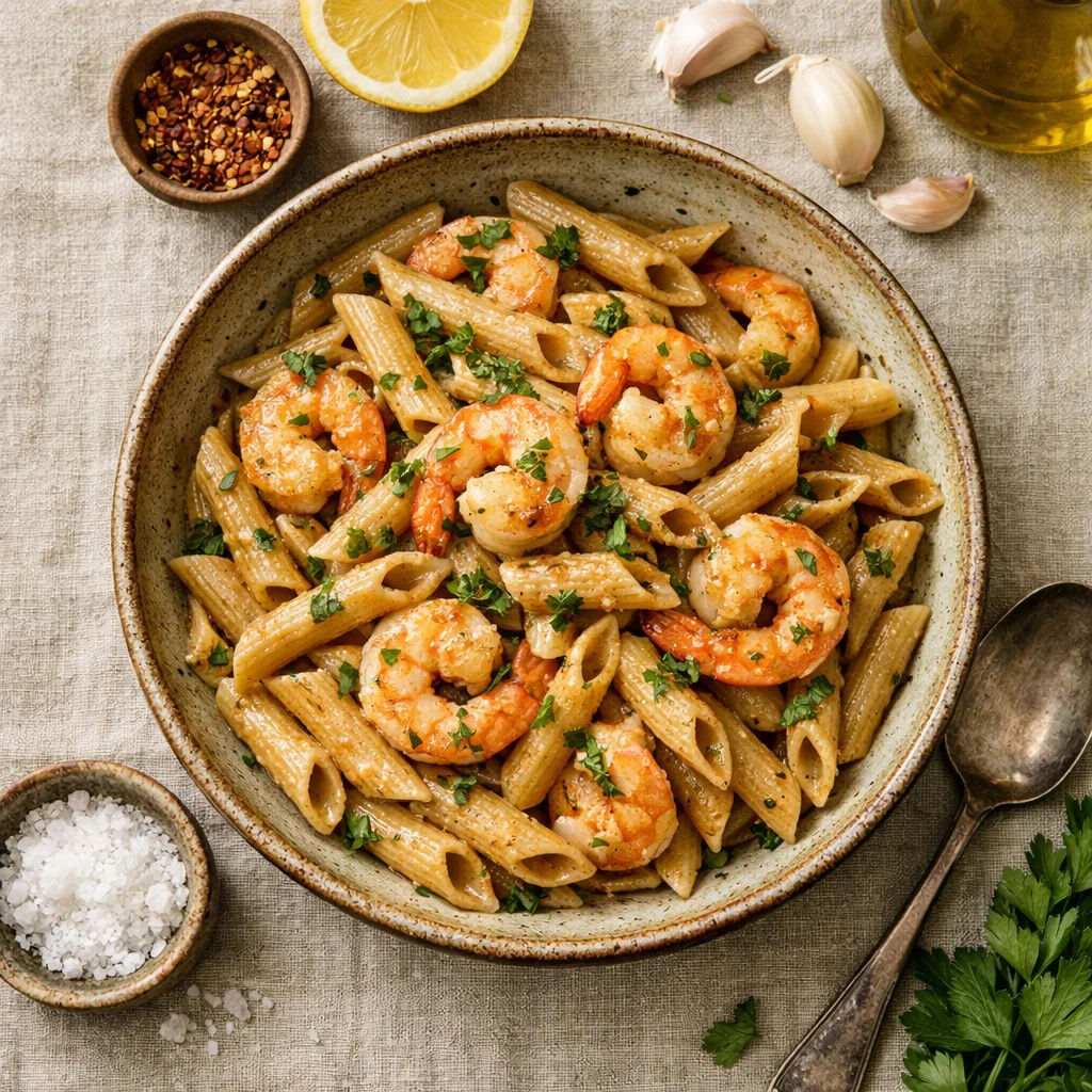 Citroen Knoflook Garnalensaus met Volkoren Penne