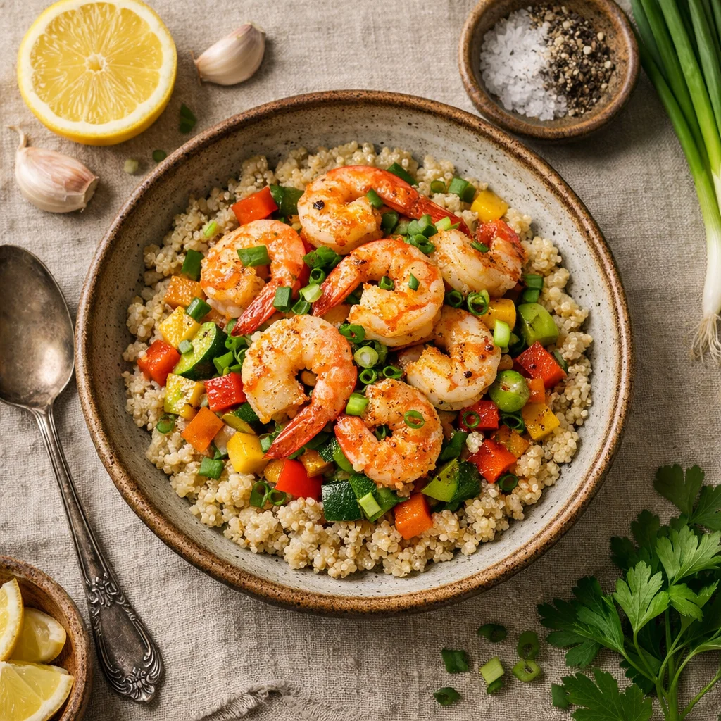 Knoflookgarnalen met Quinoa en Groenten