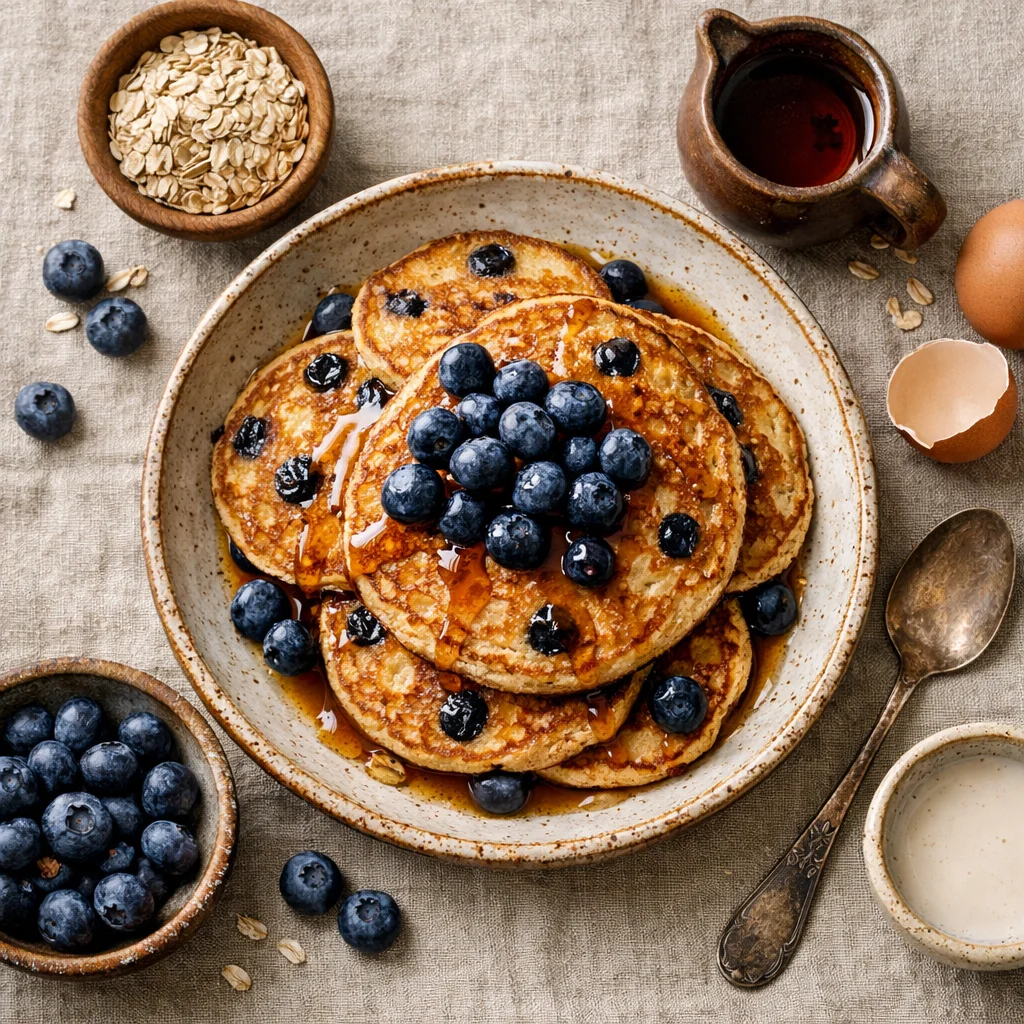Delicious Oat Pancakes with Blueberries and Maple Syrup