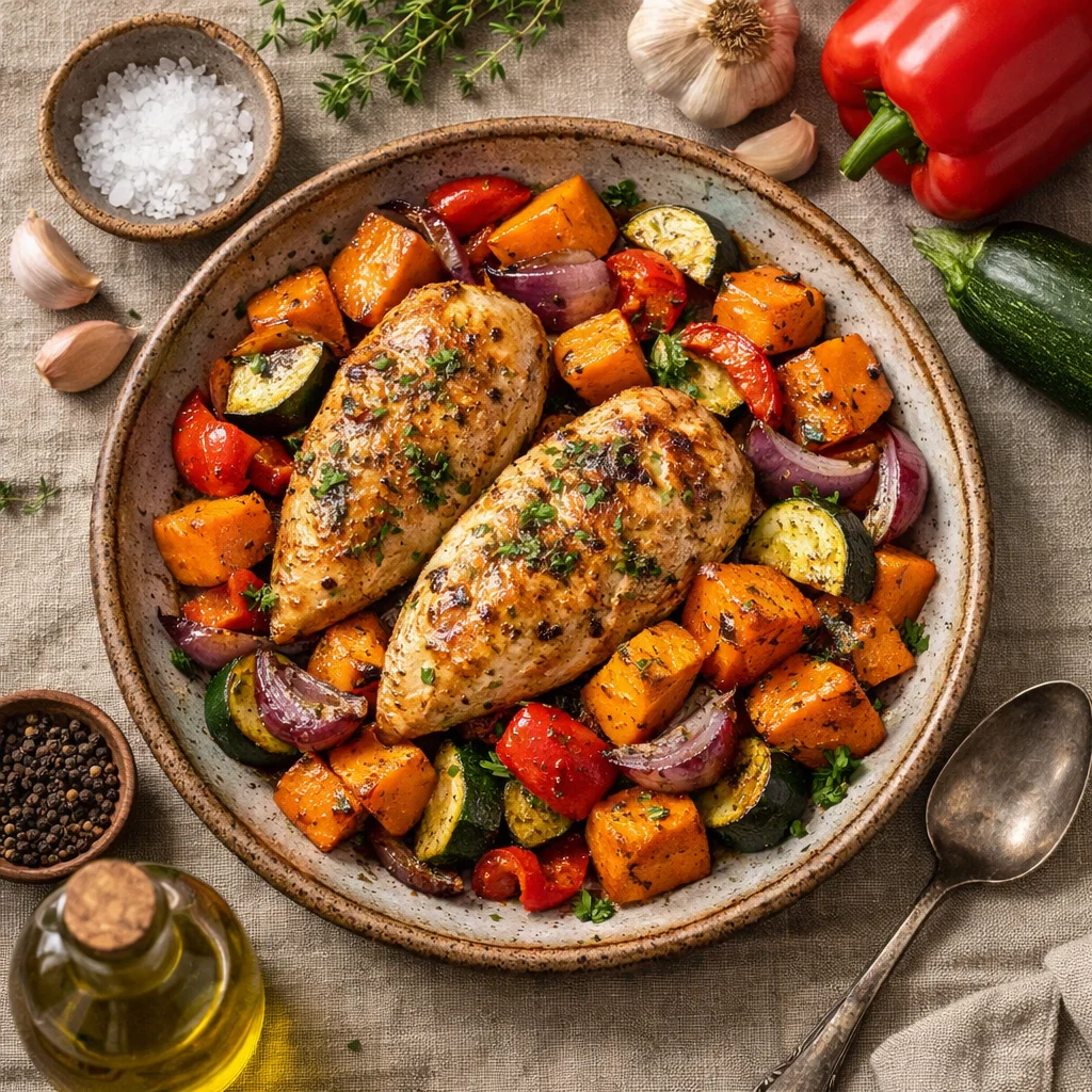 Gezonde Kipfilet met Zoete Aardappel en Geroosterde Groenten