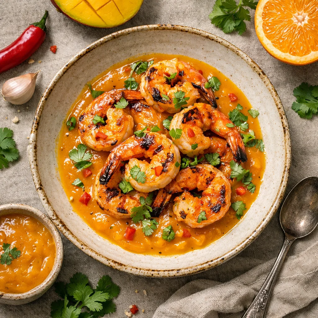 Gegrilde Garnalen met Pittige Mango-Sinaasappel Saus