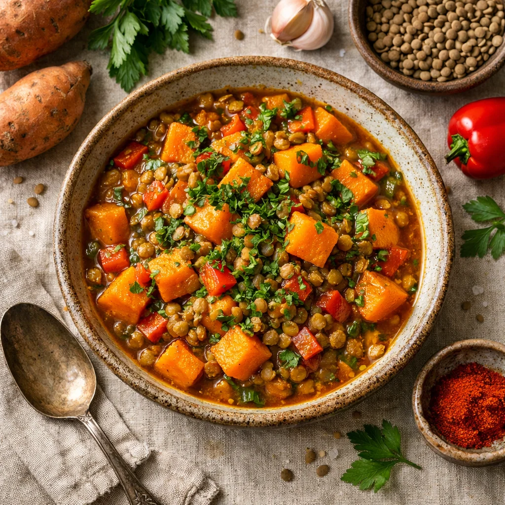Gezonde Vega Linzenschotel met Zoete Aardappel