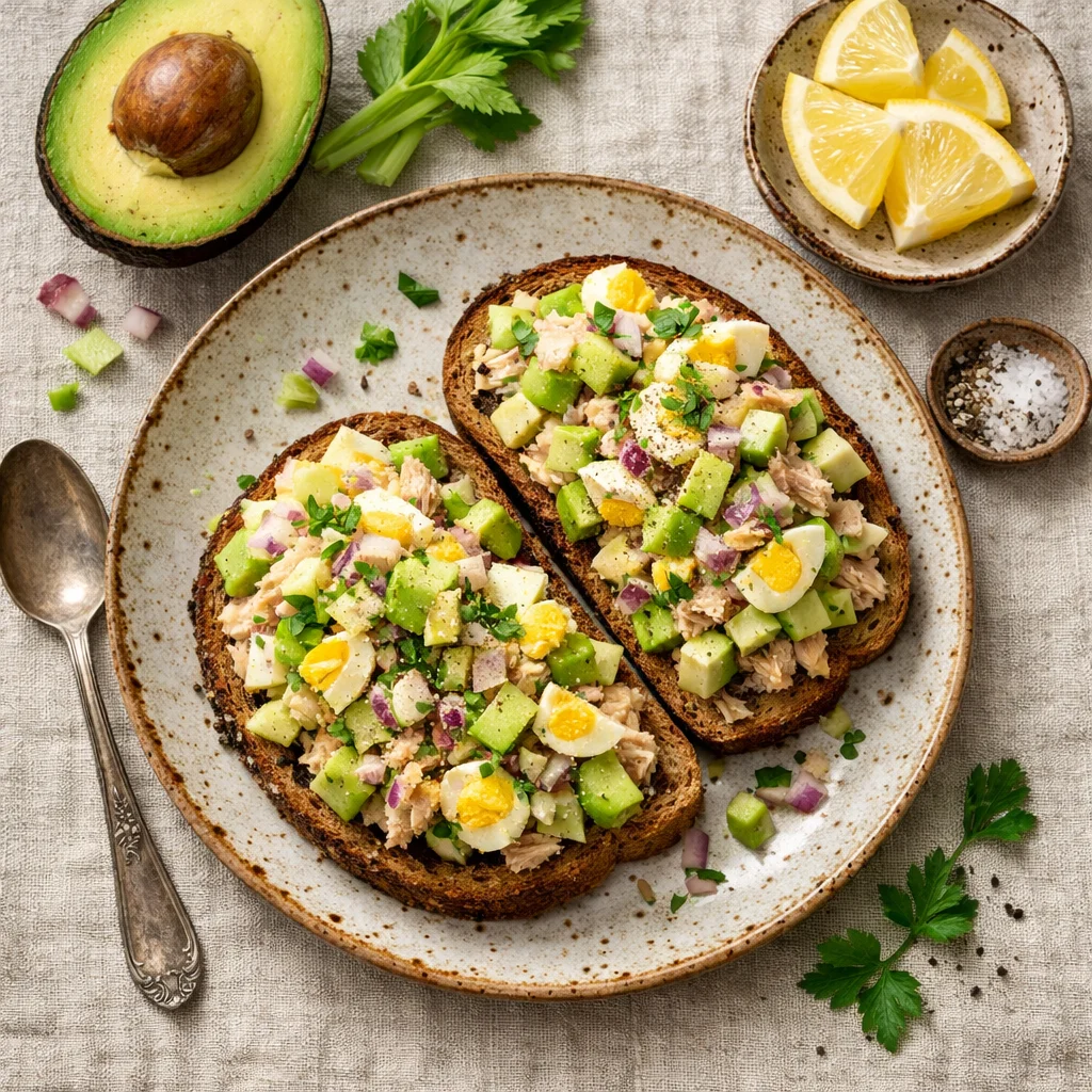 Gezonde tonijnsalade met ei en avocado voor de lunch