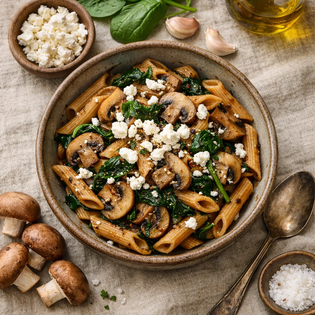 Volkoren Pasta met Gebakken Champignons en Spinazie