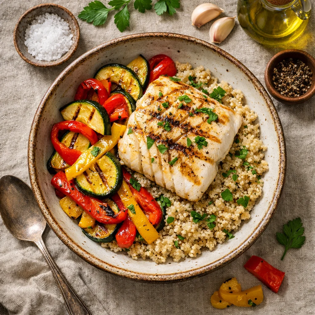 Gegrilde Kabeljauwfilet met Quinoa en Gegrilde Groenten