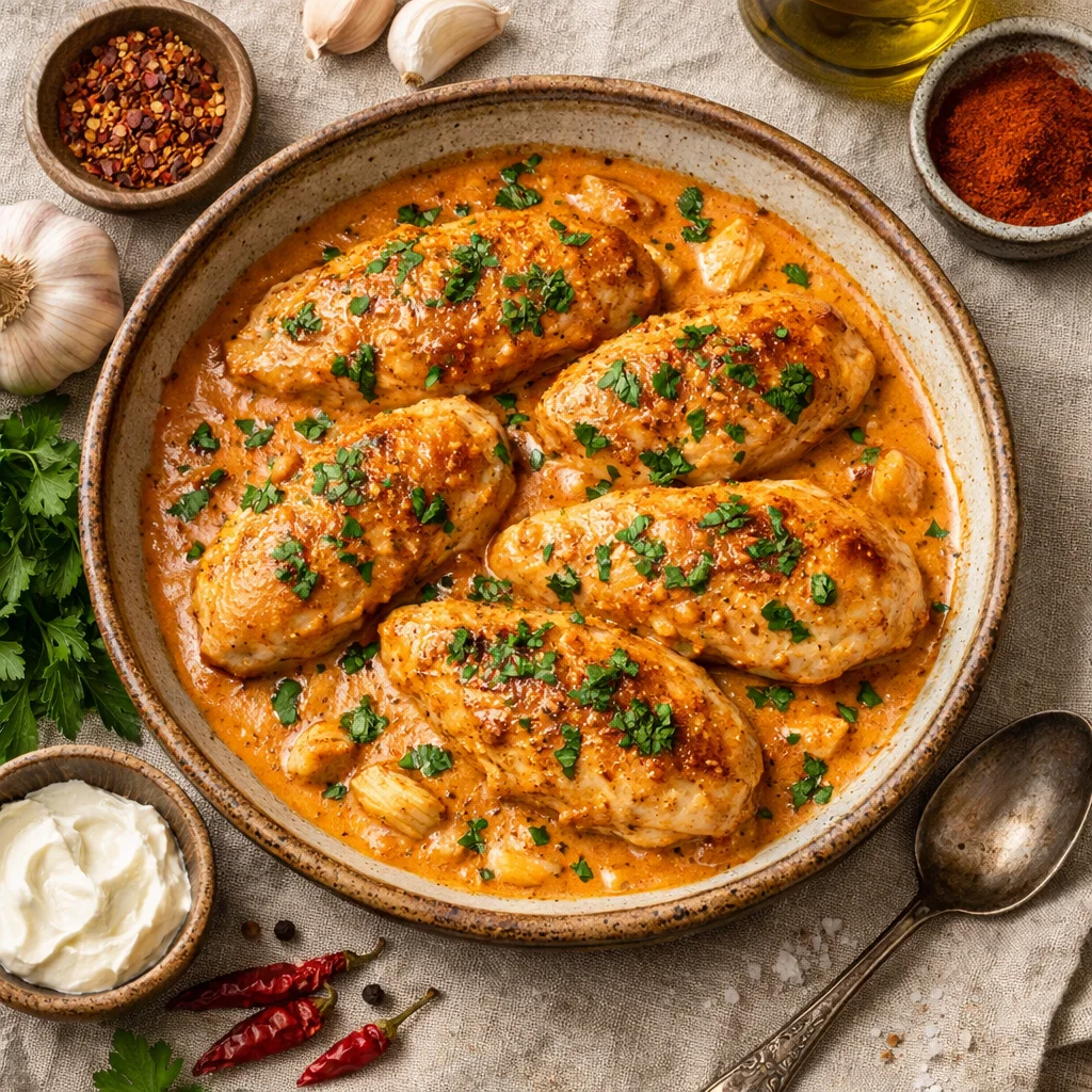 Pittige Kipfilet in Romige Knoflooksaus